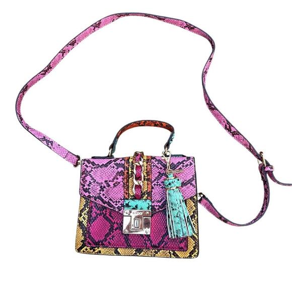 Snakeskin Patchwork Crossbody Satchel Bag Pink Multi Chain Tassel - Picture 1 of 6